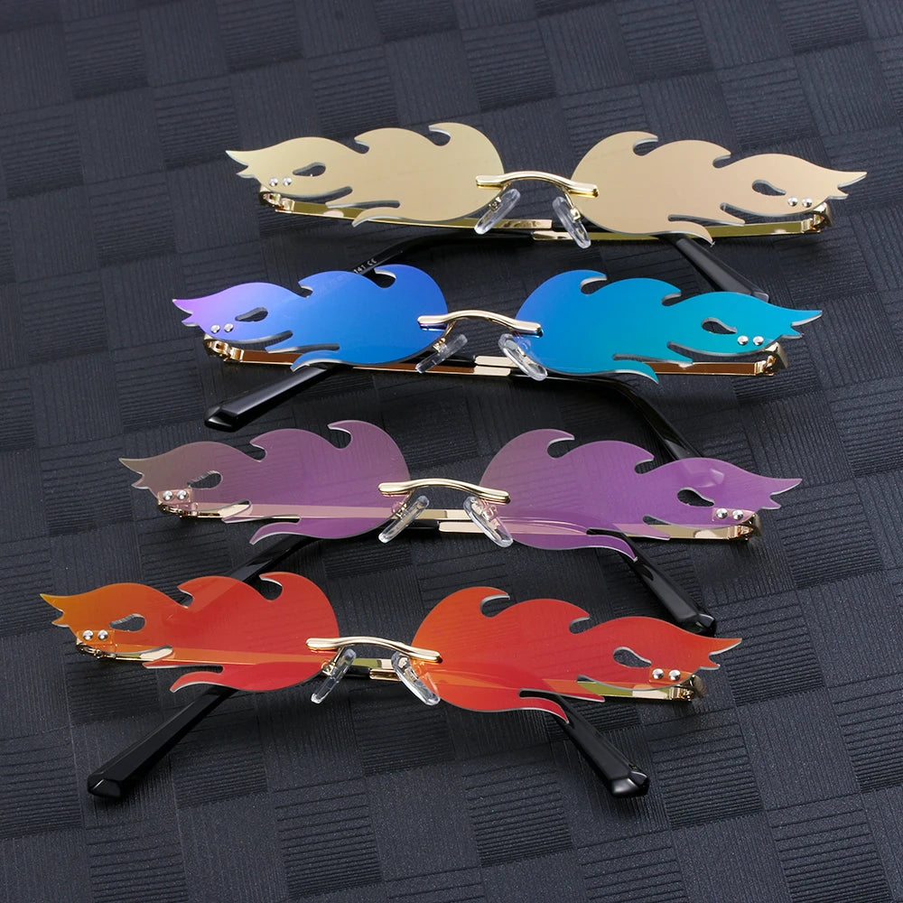 New Fashion Fire Flame Sunglasses Wave Rimless Narrow Retro UV 400 Streetwear Vintage Eye Glasses Cycling Outdoor Accessories