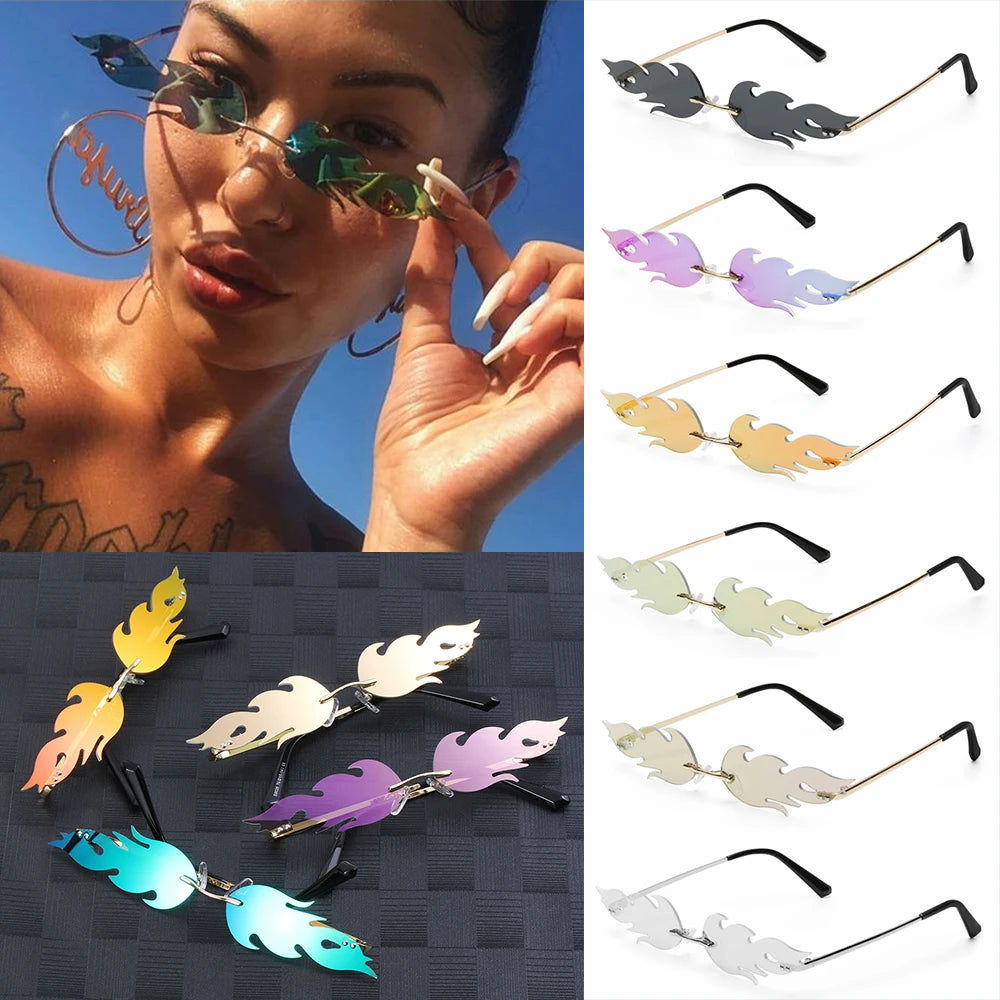 New Fashion Fire Flame Sunglasses Wave Rimless Narrow Retro UV 400 Streetwear Vintage Eye Glasses Cycling Outdoor Accessories