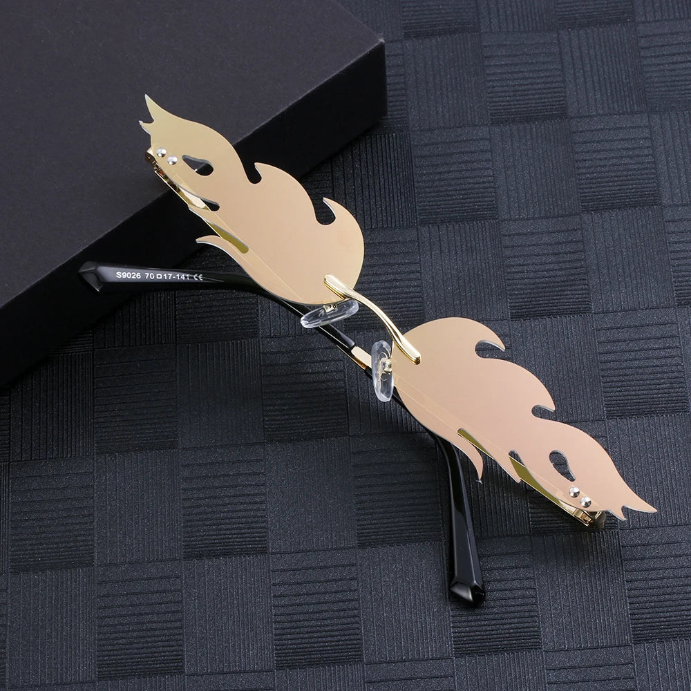 New Fashion Fire Flame Sunglasses Wave Rimless Narrow Retro UV 400 Streetwear Vintage Eye Glasses Cycling Outdoor Accessories